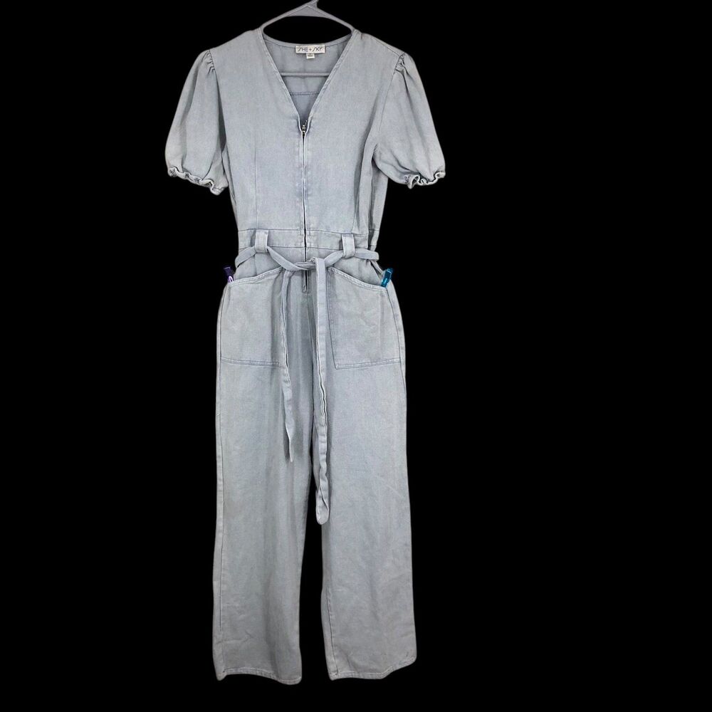 Vintage 80s-90s-Y2K Style Zip Up Denim Jumpsuit w/Puff Elastic Sleeves, belted S
